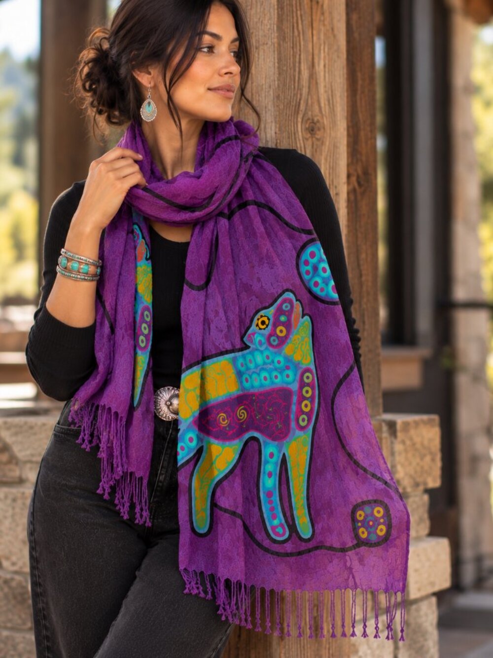 Native Northwest Indigenous Art Wolf Purple Viscose Scarf Wrap
